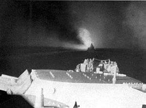 View forward from USS Columbia (CL-56) during Battle of Empress Augusta Bay 1943.jpg