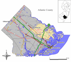 Map of Galloway Township in Atlantic County. Inset: Location of Atlantic County highlighted in the State of New Jersey.