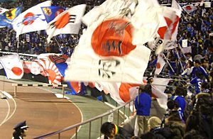 Japan national football team fans with rising sun flag
