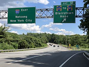 2020-07-14 14 46 42 View east along Interstate 80 at Exit 12 (Warren County Route 521 TO Warren County Route 519, Blairstown, Hope) in Hope Township, Warren County, New Jersey