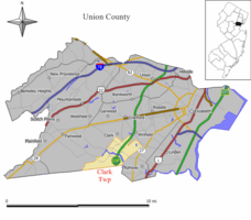 Map of Clark Township in Union County. Inset: Location of Union County in New Jersey.