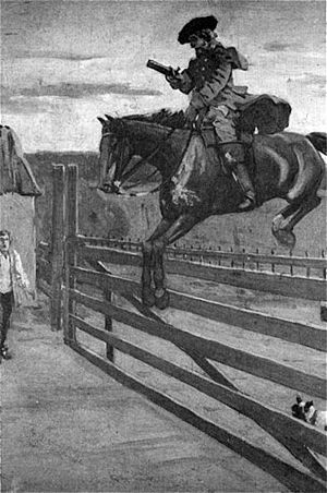 A monochrome illustration of a man on horseback, jumping a wooden gate.  He is wearing a wide-brimmed hat, coat, trousers, and long boots.  His left hand holds the reins, in his right hand is a pistol.  A man stands in the near distance, in front of a toll booth, with a shocked expression on his face.  Obscured by the gate, a small dog watches proceedings.