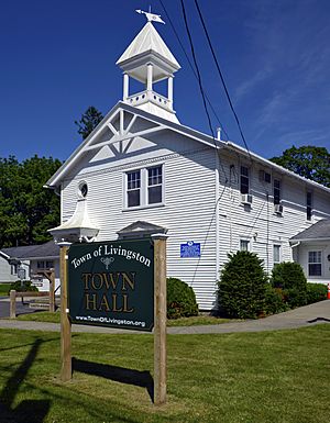 A white wooden church-like building seen from its front left under a blue sky with streaky clouds. In front a large green wooden sign says "Livingston Town Hall"