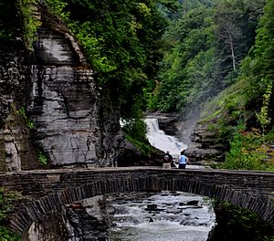 Lower Fall & Stone footbridge at Letchworth State Park, New York, USA