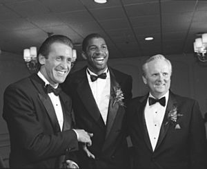 Pat Riley, Earvin "Magic" Johnson and Jerry West at the Century Plaza (cropped)