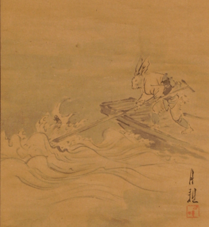 Rabbit's Triumph - climax of the Kachi-kachi Yama.markings of Ogata Gekko.detail - image for k-k y article.version 1.wittig collection - painting 22
