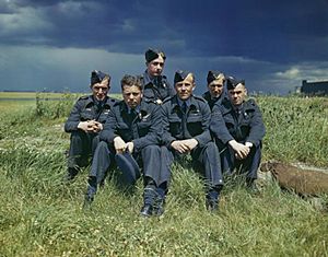The crew of Lancaster AJ-T sitting on the grass, posed under stormy clouds