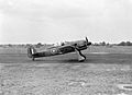 A captured Focke Wulf Fw 190A-3 at the Royal Aircraft Establishment, Farnborough, with the RAE's chief test pilot, Wing Commander H J "Willie" Wilson at the controls, August 1942. CH6411