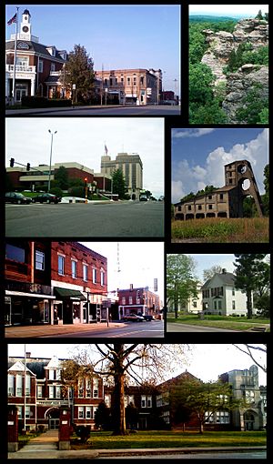 From top left: northern side of square, Garden of the Gods, Saline County Courthouse and Clearwave Building, O'Gara mine tipple, southern side of square, Poplar Street homes, Harrisburg Township High School.