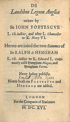 John Fortescue, De Laudibus Legum Angliae (1st ed, 1616, title page)