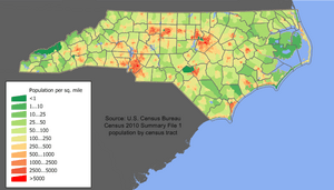 Map showing the population density of North Carolina.