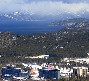 View of Stateline from near Heavenly Mountain Resort. Lake Tahoe in background.