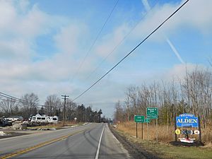 Signage entering the town of Alden on U.S. Route 20 westbound.