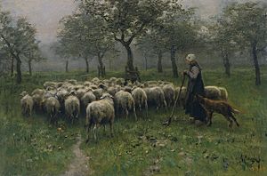 Anton Mauve - Herderin met kudde schapen
