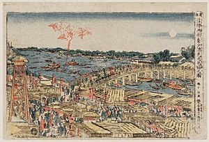 Enjoying the Evening Cool Viewing Fireworks at Ryôgoku Bridge by Hokusai 1780