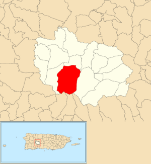 Location of Guilarte barrio within the municipality of Adjuntas shown in red