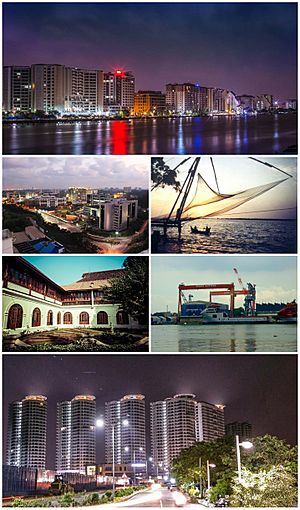 Clockwise from top: Marine Drive Skyline, Chinese Fishing Nets at Fort Kochi, Cochin Shipyard, Queen's Way, Hill Palace, InfoPark