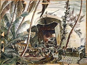Landing ships under fire, Treasury Island (3rd NZ Division), 27 October 1943 painted by Russell Clark