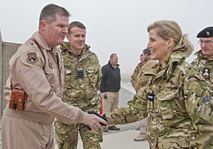 Sophie, Countess of Wessex, shakes hands with Brig Gen Thomas Deale at Kandahar Airfield