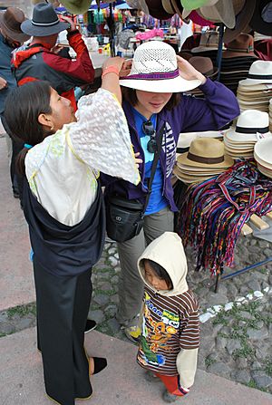 Traditional dress in otavalo market with customer
