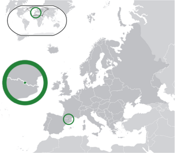 Location of  Andorra  (center of green circle)on the European continent  (dark grey)  —  [Legend]