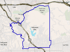Map of the Hollywood Hills neighborhood of Los Angeles,as delineated by the Los Angeles Times