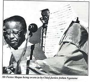 Mr festus Mogae being sworn in by chief Julian Nganunu April 1 1998