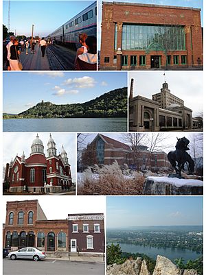 Left-to-right from top-left: the Empire Builder at Winona station, Merchants National Bank, Sugar Loaf, Watkins Incorporated, Basilica of St. Stanislaus, Krueger Library, East Second Street Historic Commercial District, and Garvin Heights City Park.