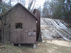 The waterfall and pumphouse at Moravian Falls