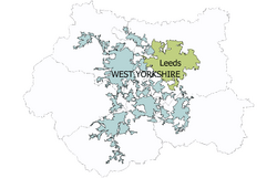 A map of West Yorkshire showing the Leeds urban subdivision of the West Yorkshire Urban Area (which is made up of five councils) coloured green and the rest of the Urban area coloured blue-grey