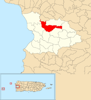 Location of Río Cañas Abajo within the municipality of Mayagüez shown in red