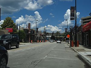 Downtown Skokie seen on a partly cloudy day with some construction