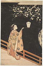 Suzuki Harunobu - Woman Admiring Plum Blossoms at Night