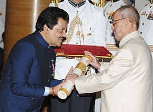The President, Shri Pranab Mukherjee presenting the Padma Bhushan Award to Shri Udit Narayan Jha, at a Civil Investiture Ceremony, at Rashtrapati Bhavan, in New Delhi on April 12, 2016