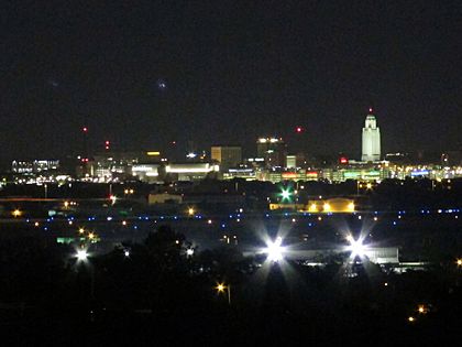 Nighttime skyline of downtown Lincoln, Nebraska, USA (2015, from Arnold Heights Park)