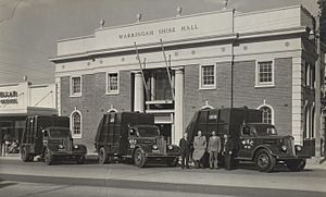 Warringah Shire Council 'Sanivans' outside the Shire Hall, 1954