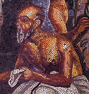 Detail of a poet giving directions from a theatrical scene. Roman mosaic from the tablinum Casa del Poeta tragico (VI 8, 3–5) in Pompeii. Naples National Archaeological Museum.