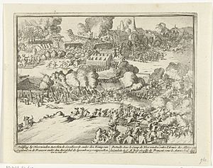 Slag bij Landen, 1693 Veldslag by Neerwinden, tusschen de Geallieerde onder den Koning van Engeland en de Franssen onder den Mareschal de Luxembourg, voorgevallen den 29 July 1693 (titel op object) Engelands Schoutonee, RP-P-OB-82.610