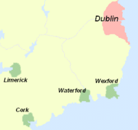 Maximum extent of Dublin (pink) and other Norse settlements (green) in Ireland