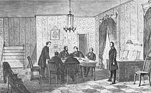 Andrew Johnson consulting with his counsel (Harper's Weekly March 14, 1868)