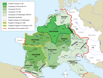 Austrasia, homeland of the Franks (darkest green), and their subsequent conquests (other shades of green)
