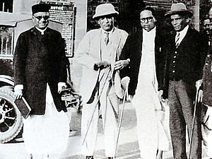 M.R. Jayakar, Tej Bahadur Sapru and Dr. Babasaheb Ambedkar at Yerwada jail, in Poona, on 24 September 1932, the day the Poona Pact was signed