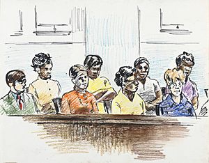 Oil Pastels and ink drawing of jurors consisting of six African American women, one white woman and one white man. 20