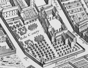 The grounds of the Hôtel de Conti (built by Louise Élisabeth de Bourbon, present Hôtel de Brienne) from the Turgot map of Paris circa 1737