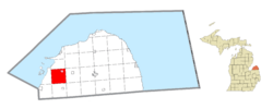 Location within Huron County (red) and the administered village of Pigeon (pink)