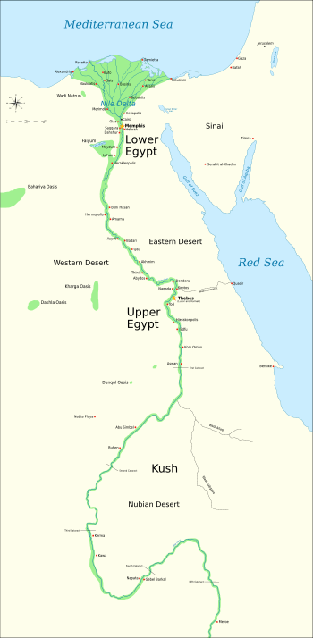 During the Old Kingdom of Egypt (circa 2686 BC – circa 2181 BC), Egypt consisted of the Nile River region south to Elephantine, as well as Sinai and the oases in the western desert.