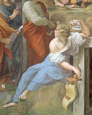 Cropped image of Sappho from Raphael's Parnassus