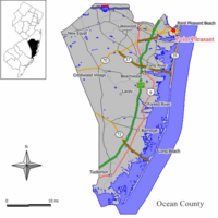 Map of Point Pleasant in Ocean County. Inset: Location of Ocean County highlighted in the State of New Jersey.
