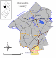 Map of West Amwell Township in Hunterdon County. Inset: Location of Hunterdon County highlighted in the State of New Jersey.