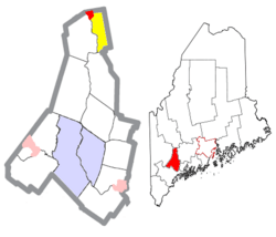 Location of Livermore Falls (in red) in Androscoggin County and the state of Maine